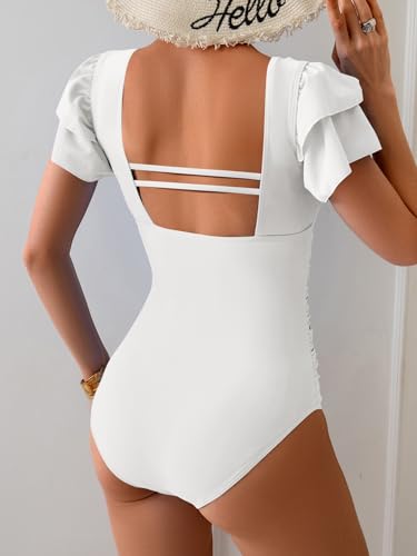 Image of Eomenie Women's Tummy Control One Piece Swimsuit Ruffle Square Neck Bathing Suit Ruched Cutout Back Slimming Swimwear