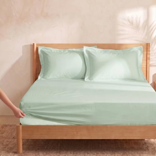 Image of Huesland 300 TC Premium 100% Pure Cotton Luxe Soft Touch Fitted Single Size Bedsheet Cotton with 2 Pillow Covers | Misty Jade | 36 x 78 Inches