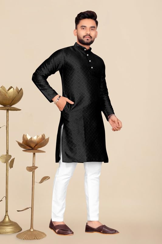 Image of Mens Self Design Cotton Silk Kurta Pyjama Set