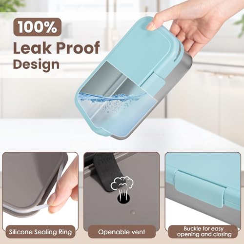 Image of JSLOVE Stainless Steel Lunch Bento Box for Adult, 30oz Leak-Proof Lunch Container, Stainless Metal Kid Bento Box with Adjustable Divider, Sauce Container, Microwave, Dishwasher & Freezer Safe(Blue)