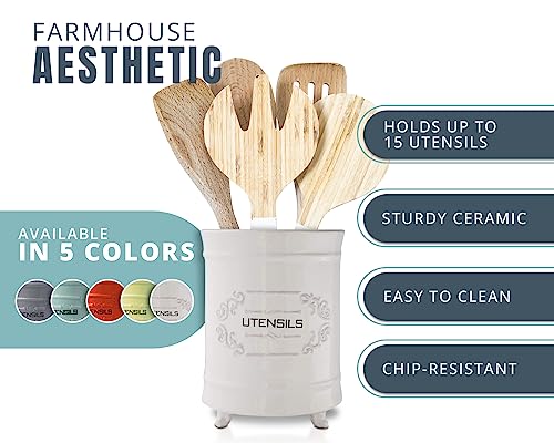 Comfify White Ceramic Utensil Holder – Vintage Style Kitchen Caddy – Shabby Chic Countertop Organizer – Rustic French Country Crock for Cooking Enthusiasts - Image 4