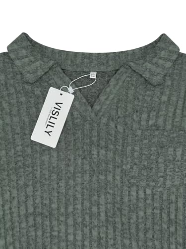 Image of VISLILY Womens-Plus-Size-Tops Collared V Neck Polo Shirts Lightweight Long Sleeve Sweaters Trendy Pocket Decor Tunic Blouses