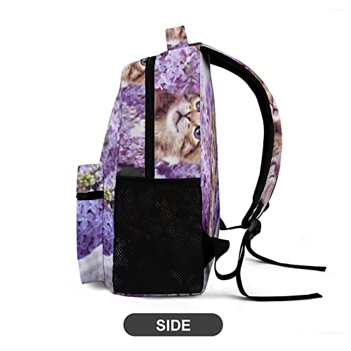 Niapessel Kids Backpack for School, Cute Kitten Purple Flower Pattern Students Bookbags School Bags Girls Boys 5