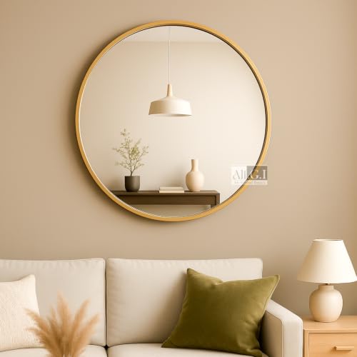Image of Round Wall Mirror in Metal Frame Mirror I Modern Design Gold Metal Frame Mirror in Medium Size I Bathroom Wash Basin, Bedroom, Drawing Room (Gold, 24 inch)