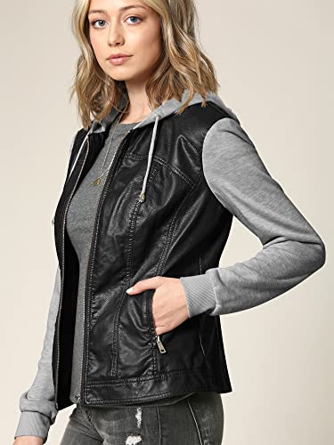 Women's Faux Leather Motorcyle Biker Jacket with Removable Hoodie3