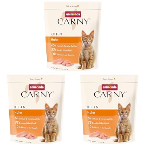 Carny Katzen Trockenfutter Kitten mit Huhn (1 x 350g), Kitten Getreide und Zuckerfreies Trockenfutter von animonda für wachsende Katzen (Packung mit 3)