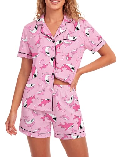 Image of LYANER Women's Pajamas Set Heart Print Button Short Sleeve Shirt With Shorts Sleepwear Pjs Lounge Set