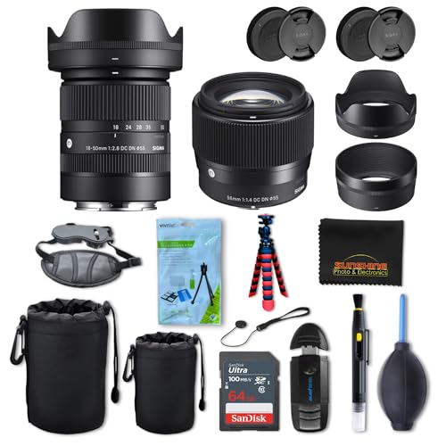 Sigma 18-50mm f2.8 + Sigma 56mm f1.4 DC DN Contemporary Lens for Sony E with Sunshine Photo Accessories Bundle - 4 Years USA Manufacturer Warranty