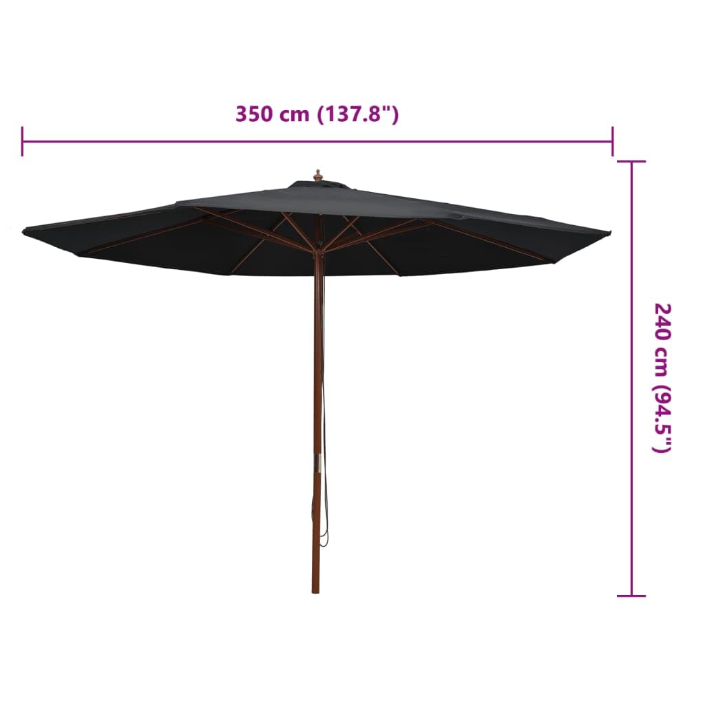 vidaXL Sombrilla de Jardín con Palo de Madera, Parasol Toldo, Refugio Solar, Paraguas para Playa Terraza Patio Exterior, Negro 350 cm