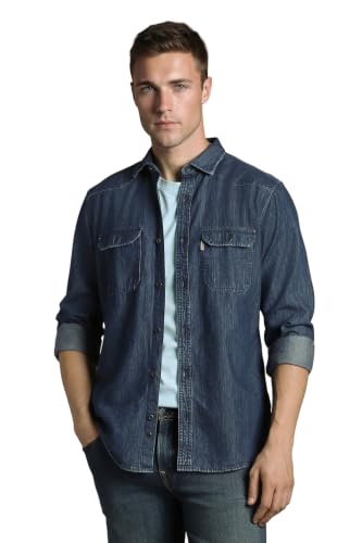 Image of Louis Philippe Men's Slim Fit Classic Denim Wash Stylized Fashion Full Sleeve Casual Shirt