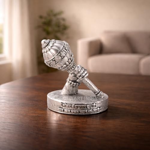 Image of Gold Art India Hanuman Gada Idol Silver Antique Matte Finish - Decorative Bajrangbali Gada Murti for Home Temple, Car Dashboard & Office | Religious Gift | 4 Inch