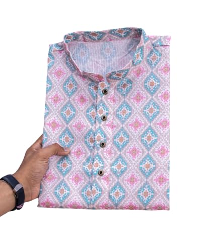 Image of FOXDX Men's Cotton Kurta, Ethnic Printed Kurta for Perfect Ethnic Look, Stand Collar Long Sleeve Casual Printed Regular Long Kurta