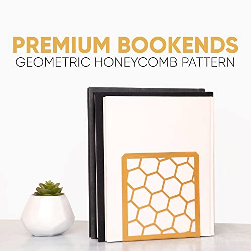 Premium Geometric Gold Honeycomb Bookends For Shelves, Metal Book Ends For Office, L-Shaped Book Stopper, Rustproof Bookends Decorative Unique For Home, 6.25 (L) X 6 (W) Inches, 1 Pair - Geomod #TOP5