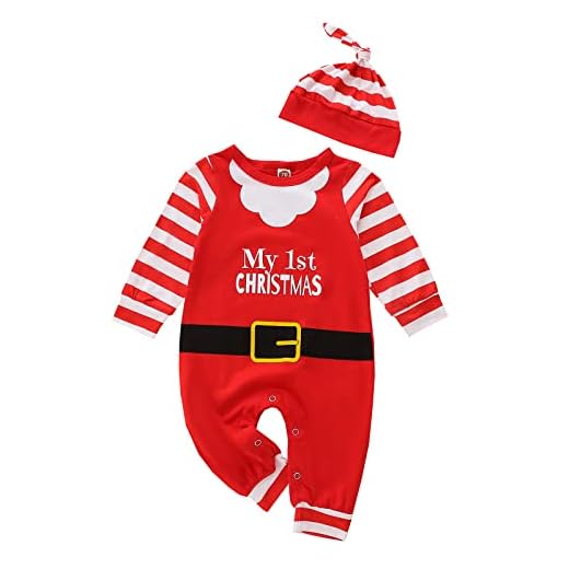 Bebé Conjunto de Navidad para Recién Nacido 2 Piezas Traje de Ropa Navideña para Niño Pequeño Mono de Manga Larga a Rayas con Estampado de Letras + Gorro Pelele Casual Navidad (Rojo, 0-6 Meses)