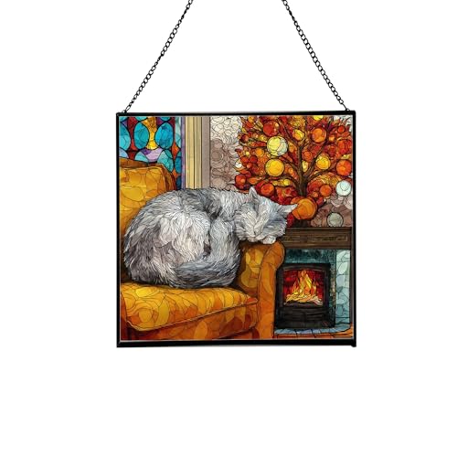 Manx Cat Christmas Stained Glass Suncatcher – Square Hanging Holiday Window Panel with Cozy Fireplace Scene – Winter Glass Art Decoration Gift for Animal Lovers, Pet Owners rhvGQi