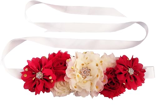 Flower Sash Belts for Women/Girls Dresses Bridal Wedding Bridesmaids Belt Maternity Pregnancy Flower Belt for Baby Shower (Red)