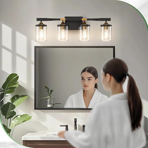 Image of DORESshop 4-Light Bathroom Vanity Light, Black and Gold Bathroom Light Fixtures, Modern Vanity Lights for Hallway Bedroom Living Room