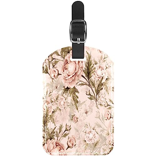 Gepäckanhänger 2er-Set,Koffer-Reiseanhänger aus Leder,Vintage rosa Rosenpflanze,Gepäckanhänger mit Sichtschutz