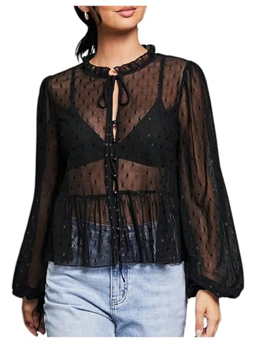 La mejor selección de Linternas volantes - solo los mejores. 46 WDIRARA - Blusas de malla transparente con lunares para mujer, con botones, acampanadas, cuello con lazo, manga linterna, Negro -, M
