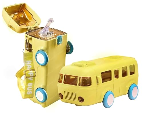 Image of Zollyss Kids Water Bottle for 2-5 Years - Fun Cartoon Bus Design Water Bottle with Straw, 500ml Capacity, Leak-Proof, One-Button Press Lock, Easy Carry (Yellow)