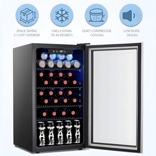Image of Antarctic Star 26 Bottle 130 Can Wine Cooler /Cabinet Refrigerator Mini Wine Cellar Beer Soda Clear Glass Door Bar Fridge Quiet Compressor Adjust Temp Freestanding Indoor Use 3.1cu.ft Black