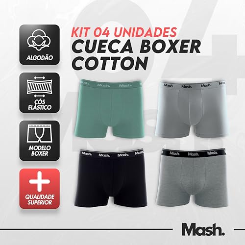MASH Kit 4 Cueca Boxer Algodão Masculino Adulto, 1 Cinza Claro - 1 Cinza Mescla Grafite - 1 Preto -