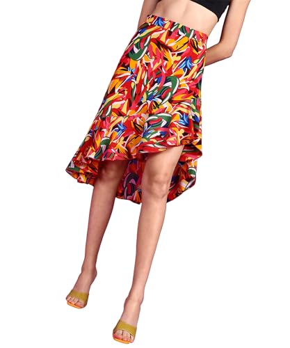 Image of POPWINGS Casual Floral Printed Asymmetric Flare Skirt for Women || Stylish Knee-Length Flare Women Skirt Trendy Western Regular Wear Knee-Length Women Skirt