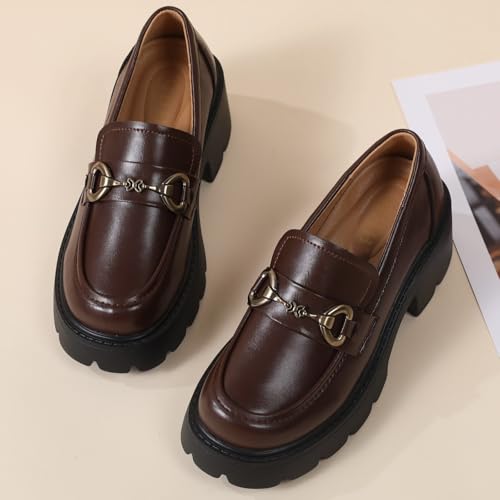 Image of Chunky Loafers Women Shoes Platform Loafers Womens Loafer Heel | Comfortable Penny Lightweight Metal Buckle Work Office Dress Business Casual Formal Ladies Women's Slip-Ons