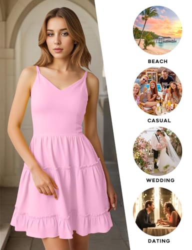 Image of FANCYINN Women Floral Casual Tiered Mini Dresses Spaghetti Strap V Neck Backless A Line Swing Short Dress with Pockets