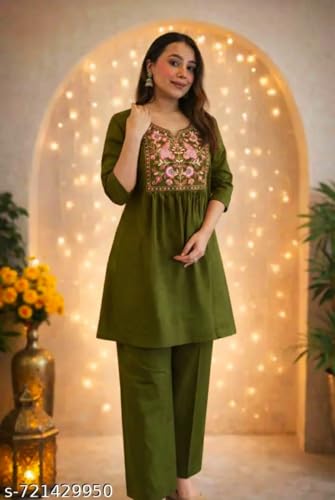 Image of Women's Rayon Embroidered Kurti with Pant Set | Floral Yoke Design | 3 /4 Sleeve Ethnic Co-Ord Set | Regular Fit Traditional Outfit