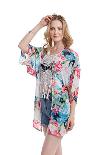 Women's Floral Chiffon Kimono Top - Ladies Sheer Flower 3/4 Sleeves Beach Cover Up for Bikini,Beachwear and Cardigan(White&Red,XL)