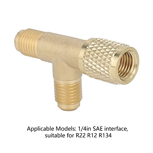 Image of Quick Coupler Access Tee, Brass 1 /4in SAE Interface Sturdy Structure Quick Coupler Tee Adapter with Valve Core Replacement Tee Adapter for R22 R12 R134 or Vacuum Gauge