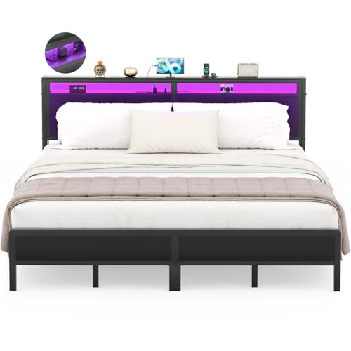 Homieasy King Size Bed Frame with Headboard & LED Lights, Heavy Duty Metal Platform Bed with USB Charging Station, No Box Spring Needed, Industrial Design, Black