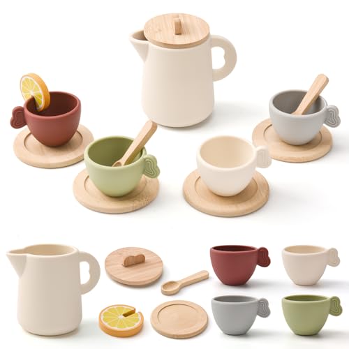 LTFIOON Kindergeschirr Teeservice Set, 13 Stück Teeservice Kinder Silikon...