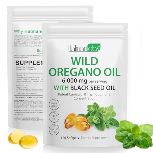 1 paquete de suplemento de aceite de orégano, 120 cápsulas blandas, 2 en 1 6000 mg de orégano con aceite de semilla negra de 200 mg, orgánico prensado en frío, cápsulas