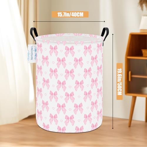 Image of Pink Bowknot Laundry Basket Canvas Fabric Collapsible Organizer Basket for Girls Room Storage Bin Toy Bins Gift Baskets Bedroom Clothes Hamper (Pink Bowknot)