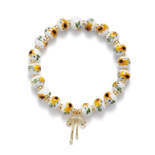 Beads Bow Charm Bracelet for Women Sunflower Vintage Bracelet Handmade Stretch Strand 18K Gold Plated Beaded Bracelet Yellow Flower Decor Coquette Aesthetic Dainty Romantic Jewelry Gift for Her (Sunflower)
