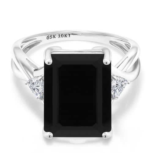 Gem Stone King 10K White Gold Black Onyx and Lab Grown Diamond Engagement Ring For Women | 7.04 Cttw | Emerald Cut 14X10MM and Trillion 4MM | Gemstone Birthstone | Available in Size 5,6,7,8,92