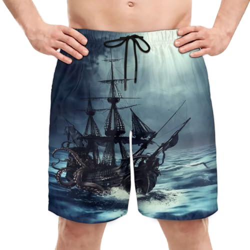 AUUXVA Beach Board Shorts Sea Octopus Kraken Nautical Men's Swim Trunks Swimwear Casual Athletic Sport Short with Pockets