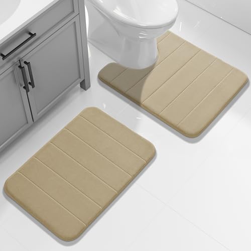 Image of Yimobra U-Shaped Toilet Bath Mat Set 2 Piece - Soft Absorbent Quick Dry Memory Foam Bathroom Rugs, Machine Washable Non Slip Floor Carpet for Tub Shower & Single Sink (17x24 & 24x20, Pale Khaki)