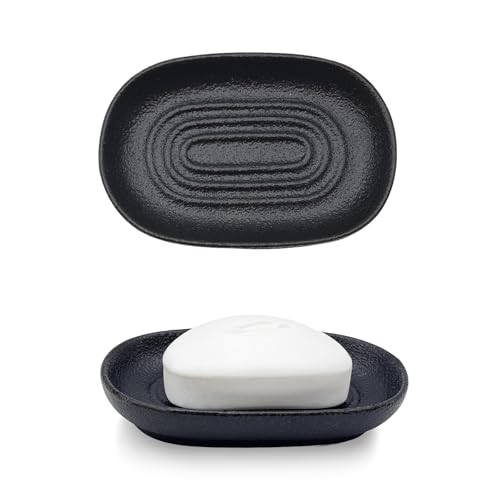 Aenfaiy Ceramic Soap Dish for Bathroom & Kitchen Sink- Black Matte Textured Finish Bar Soap Holder for Shower - Easy to Clean Small Simple Oval Soap Dishes Holders for Bar Soaps Sponges Jewelry