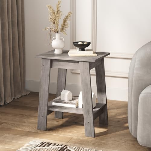 GarveeHome Side Table, Rustic Farmhouse End Table with 2 Tier Storage Shelf, Narrow Night Stand, Small Center Table, Accent Table, Minimalist End Table for Living Room, Bedroom, Black (Grey)