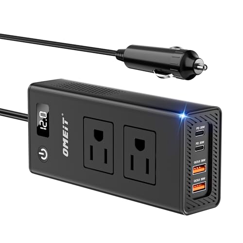 200W Car Power Inverter, OMEiT DC 12V to AC 110V Converter with Fast Charger 2 USB-A (36W), 2 USB-C (20W) Ports, Dual AC Outlets, Car Plug Adapter Outlet with LED Display for Laptop Phones, Black