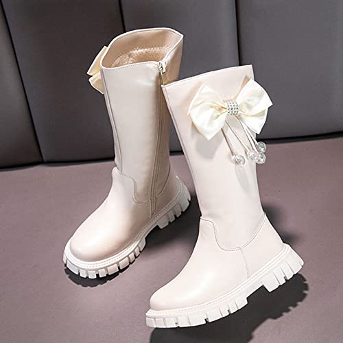 Children Shoes Long Boots High Boots Autumn and Winter New Girl Soft Bottom Leather Boots Western Boots (White, 10-10.5 Years Big Kids)3