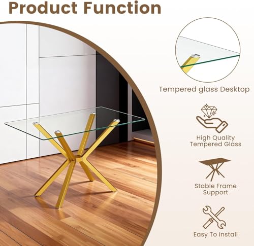 Image of Golden Glass Dining Table Set for 4 with 47.2 inch Rectangular Tempered Glass, 5 Pieces Kitchen Table Set with 4 Comfortable Velvet Chairs for Living Room, Apartments Small Place, Cafe (Pink Chairs)
