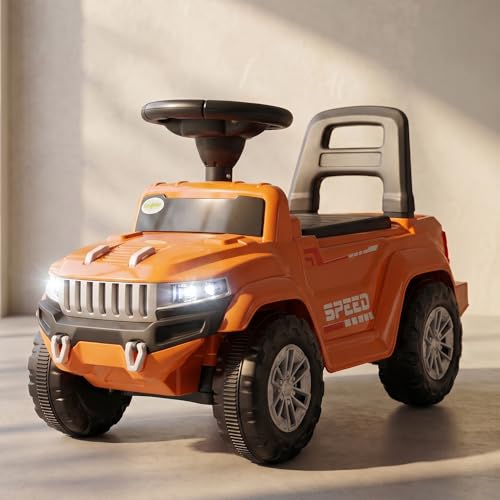 Image of Baybee Speedy Baby Ride on Car for Kids | Push Rideons Toys Car with Music & LED Light | Portable Ride on Jeep with Backrest & Storage Basket | Kids Car to Drive 1-3 Years Boys Girls (Orange)