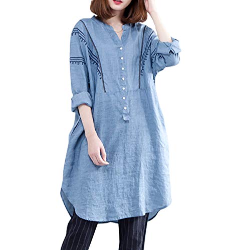 ellazhu Women Summer Blue Button-Down Long Blouse Top GA1317