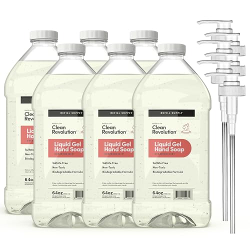 Image of Clean Revolution Liquid Gel Hand Soap Refill with Real Essential Oils - Sulfate-Free Gel Hand Wash, Moisturizing Bulk Refill, Non-Toxic Formula (Geranium Mint) 64oz, 6-Pack with Pumps