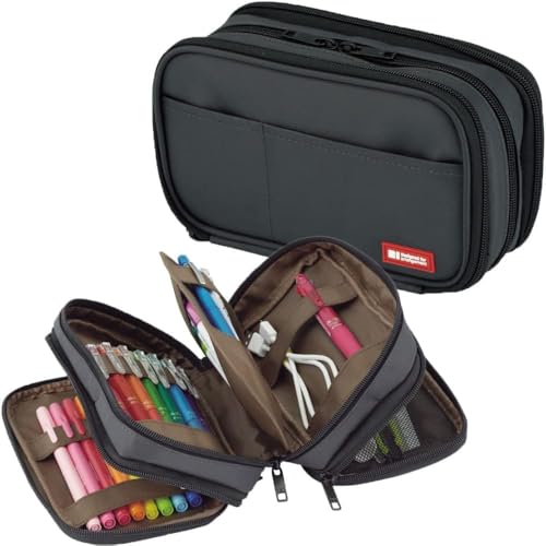 Image of LIHITLAB Large Capacity Triple Zipper Pencil Case For School Office College, Big Capacity 8 Compartments Pencil Bag Holder Adults Teen Boys Girls, Travel Cosmetics Storage, Black (A7556-24)