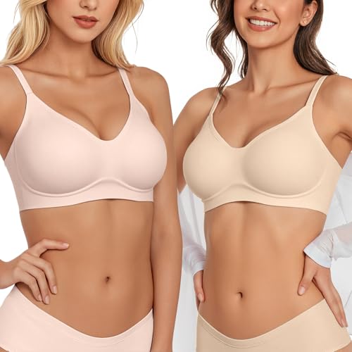 Image of Vertvie Wireless Bras for Women Full Coverage Supportive Seamless Bralettes No Underwire Push Up Comfort Soft T-Shirt Bra(2 Pack: Nude+Sand,Medium)